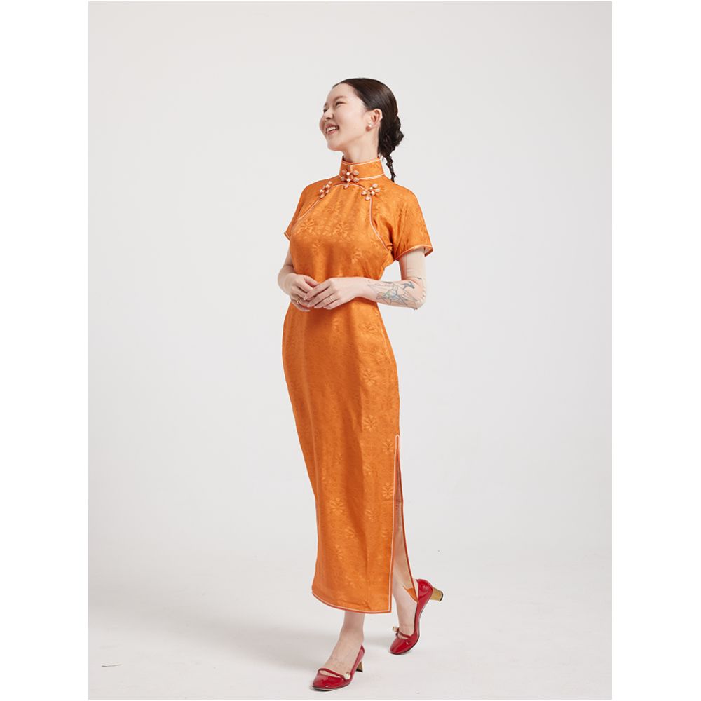 Original by Wang Antian Flower Luo Ancient Method Flat Cut Flat Collar Fully Open Collar Fully Concealed Silk Orange Retro Long Cheongsam image 0