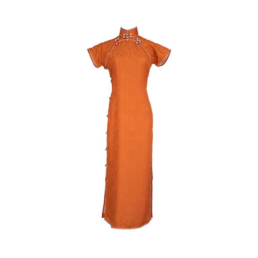 Asaya461 - Original by Wang Antian Flower Luo Ancient Method Flat Cut Flat Collar Fully Open Collar Fully Concealed Silk Orange Retro Long Cheongsam
