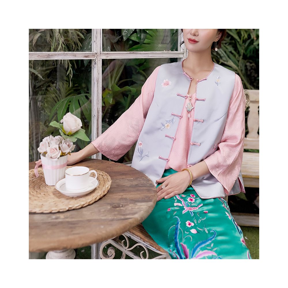 Town Store Baby CPP951 Young New Chinese Round Neck Jade Buckle Retro Embroidery Flower Double breasted Vest Spring and Autumn Shoulder image 20