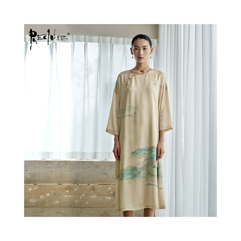 RECLUSE Shuihui New Chinese Style Green Landscape Dress Cheongsam Medium Long Dress Zen Dress 2025 New Style image 11