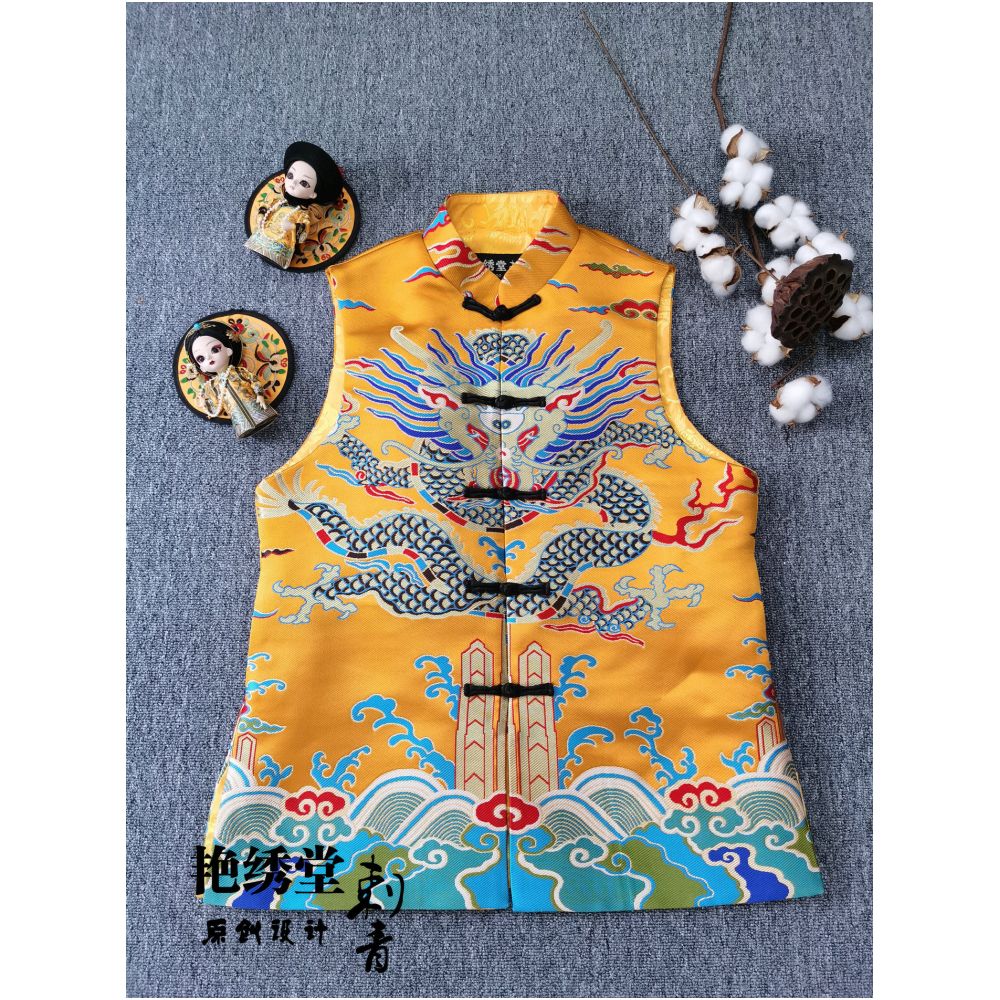Internet celebrity original design Chinese style retro brocade Tang style dragon robe men s and women s personalized buttoned vest vest image 31