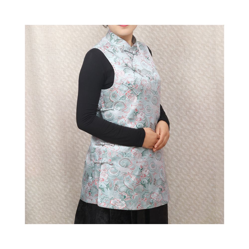 Early Spring and Autumn ethnic style Chinese style buckle stand up collar sleeveless mid long style half breasted vest top women s woven brocade forging image 11