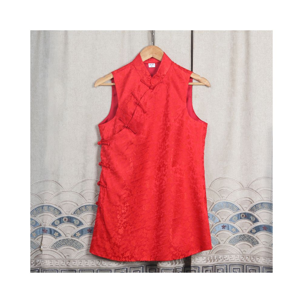 Early Spring and Autumn ethnic style Chinese style buckle stand up collar sleeveless mid long style half breasted vest top women s woven brocade forging image 63