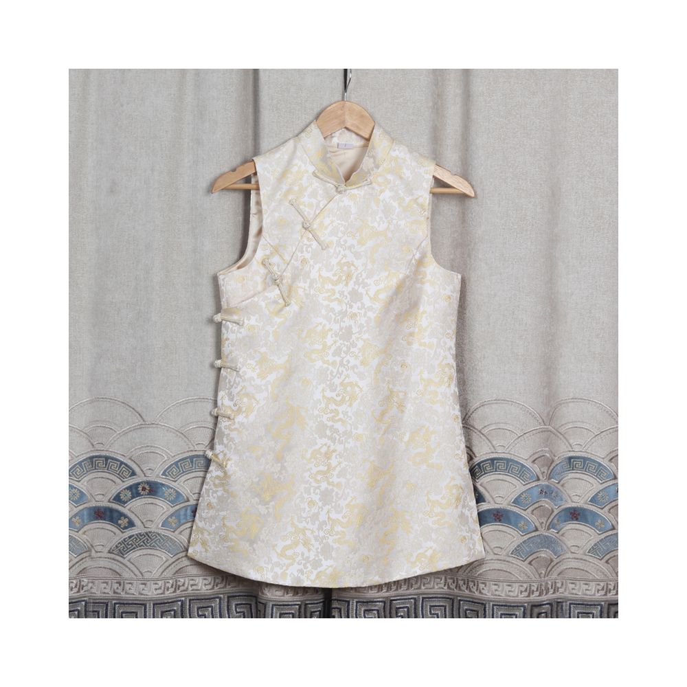 Early Spring and Autumn ethnic style Chinese style buckle stand up collar sleeveless mid long style half breasted vest top women s woven brocade forging image 81