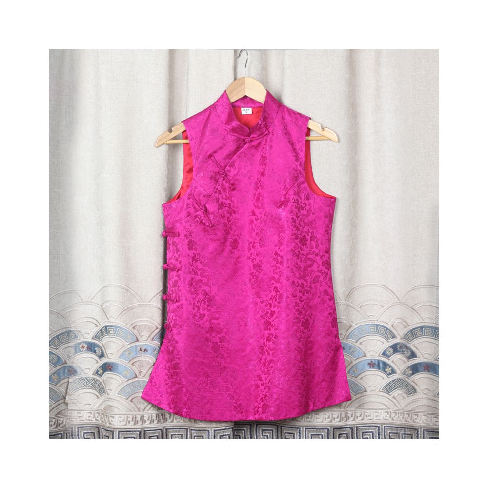 Early Spring and Autumn ethnic style Chinese style buckle stand up collar sleeveless mid long style half breasted vest top women s woven brocade forging image 95