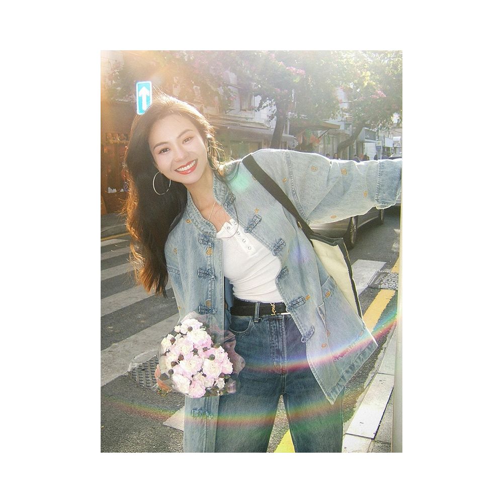 New Chinese style women s clothing for autumn 2025 with a high end feel and super beautiful fashion Blue denim buckle short jacket image 2
