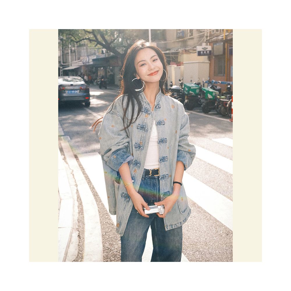 New Chinese style women s clothing for autumn 2025 with a high end feel and super beautiful fashion Blue denim buckle short jacket image 7