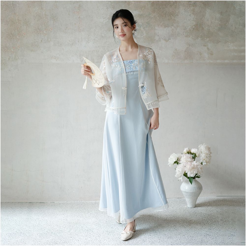 New Chinese style dress for women in summer and autumn 2025 with a fresh and dynamic temperament featuring delicate gauze embroidery and tassel tops image 4
