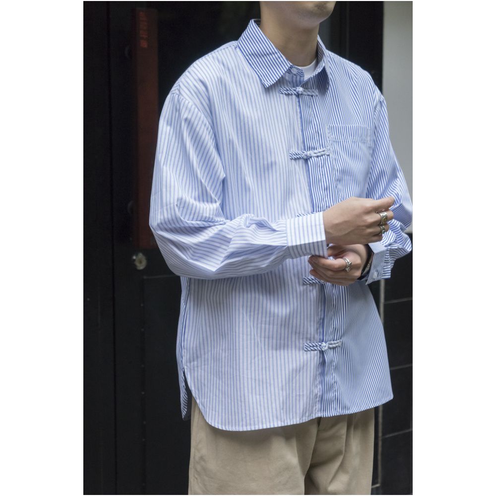 LABSTORE splicing stripes new Chinese style buttoned long sleeved lapel shirt loose silhouette Stripeshirt image 14