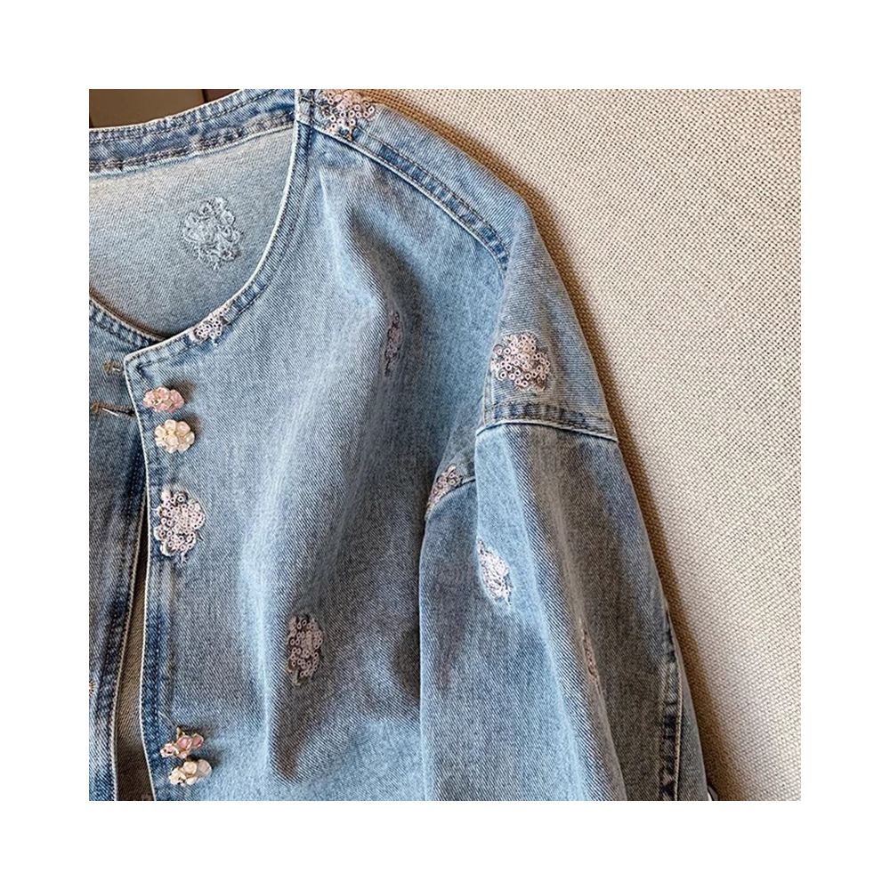 Chinese style denim jacket for spring unique and chic short cardigan paired with retro heavy industry embroidery new Chinese style top for women image 2