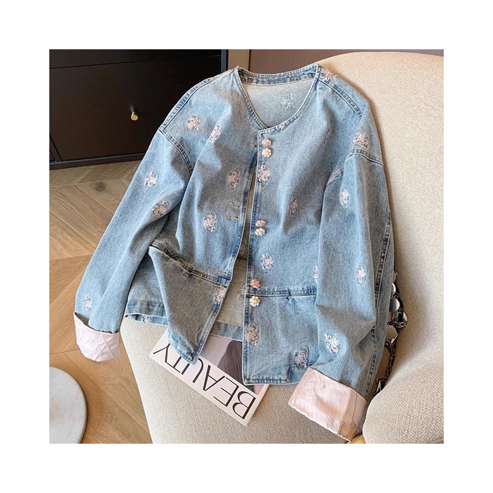 Chinese style denim jacket for spring unique and chic short cardigan paired with retro heavy industry embroidery new Chinese style top for women image 10