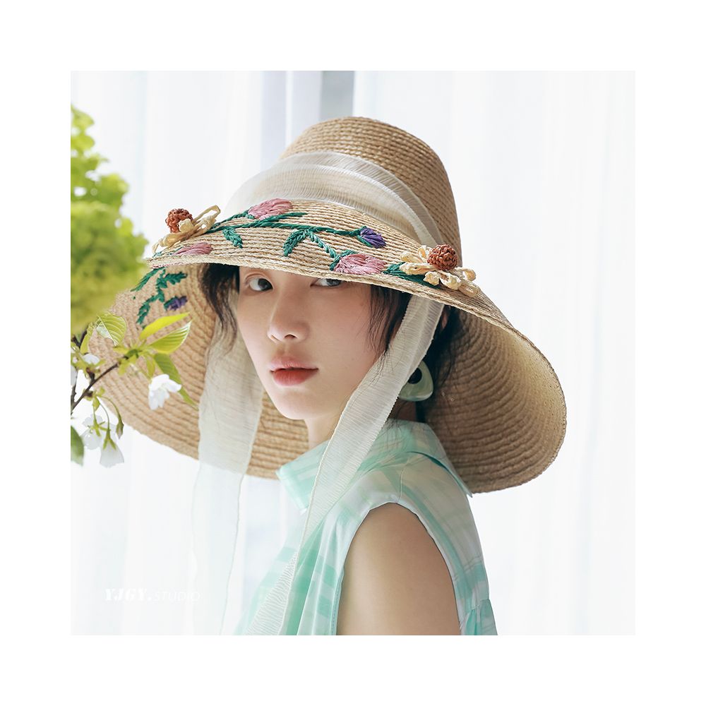 FUCHEMA designer s own large brimmed Lafite straw hat for women embroidered sun protection hat for spring and summer sun shading fisherman hat image 2