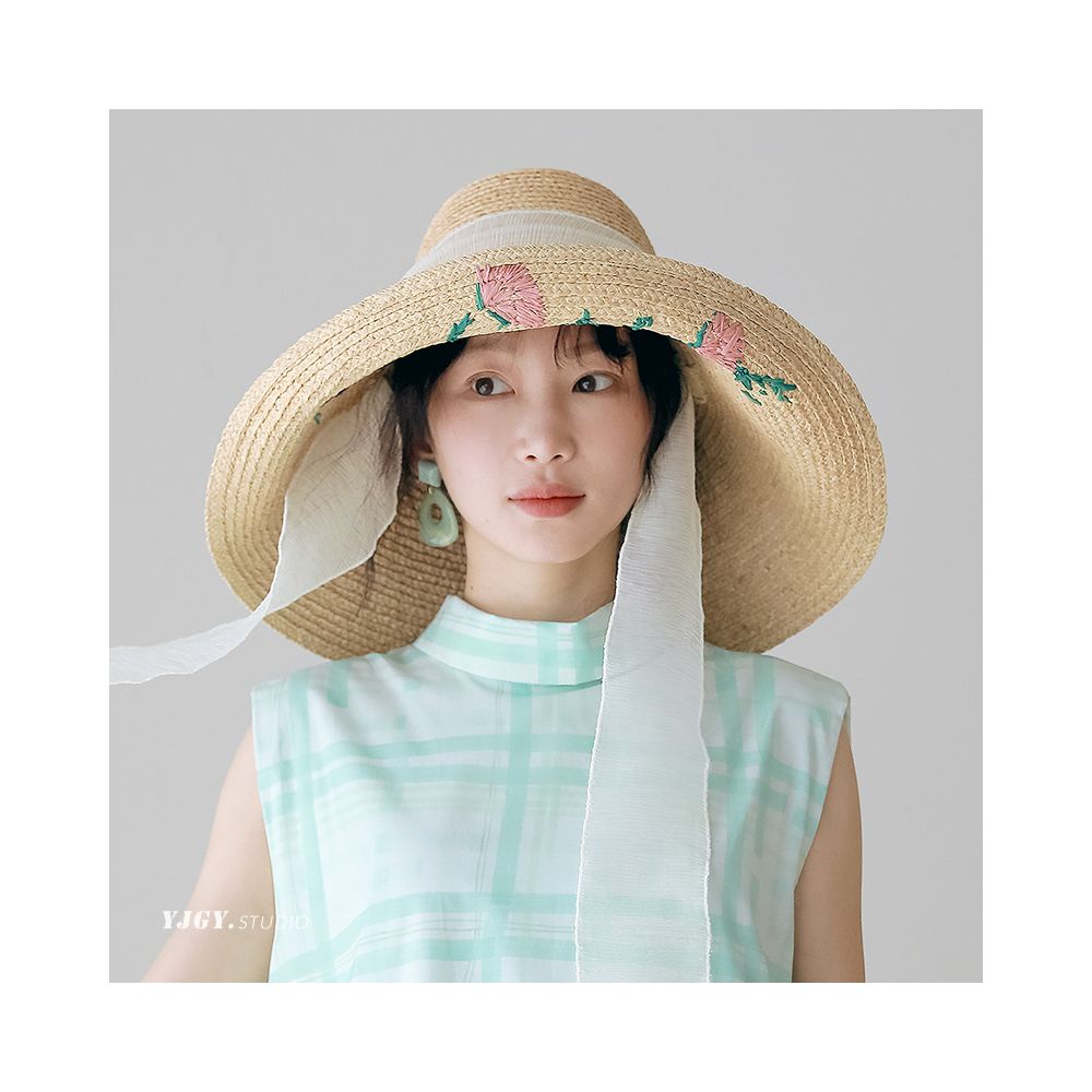 FUCHEMA designer s own large brimmed Lafite straw hat for women embroidered sun protection hat for spring and summer sun shading fisherman hat image 3