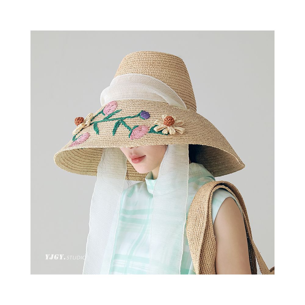 FUCHEMA designer s own large brimmed Lafite straw hat for women embroidered sun protection hat for spring and summer sun shading fisherman hat image 4