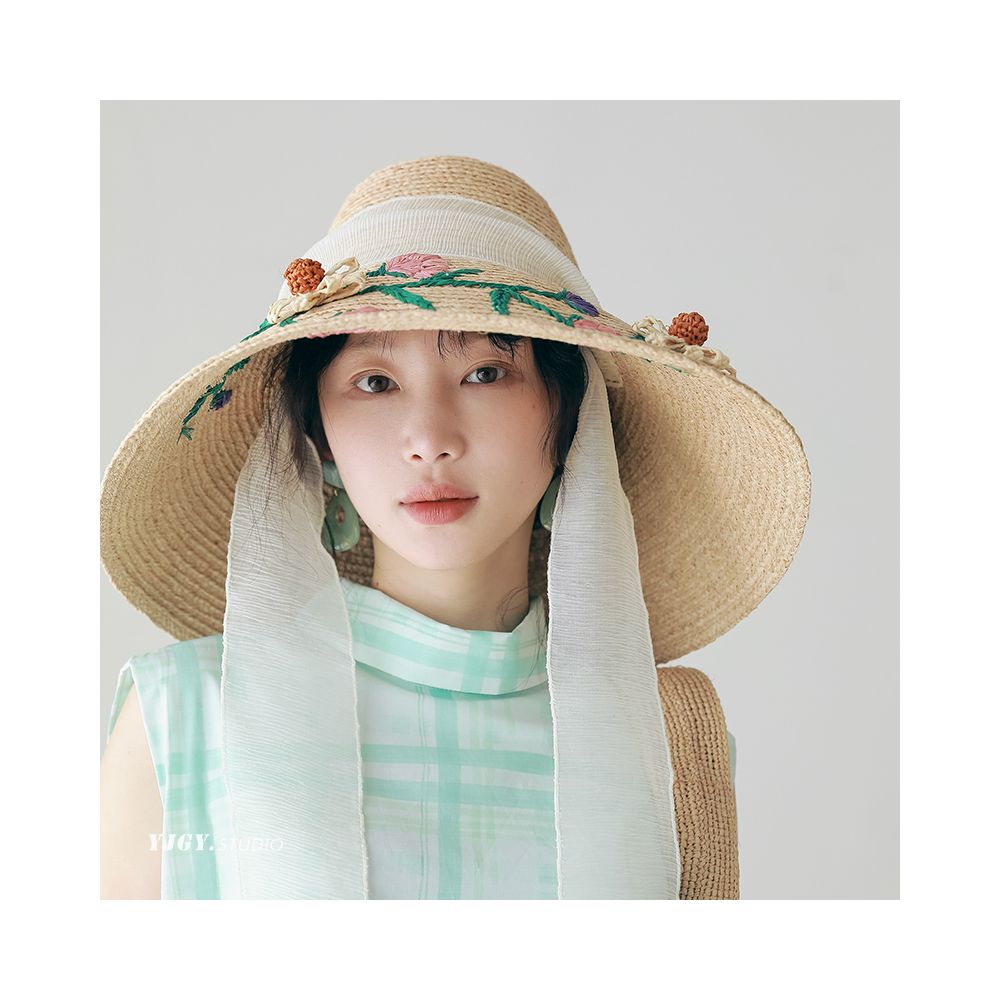 FUCHEMA designer s own large brimmed Lafite straw hat for women embroidered sun protection hat for spring and summer sun shading fisherman hat image 0