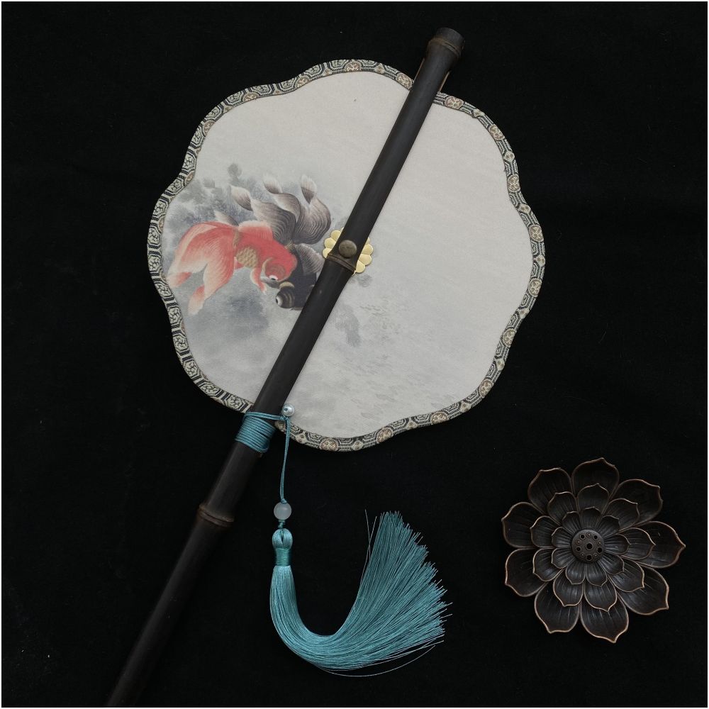 Ancient style purple bamboo waist fan Hanfu group fan Chinese style rollable and tortuous fan Classical long handle tassel fan Portable hanging waist fan image 9