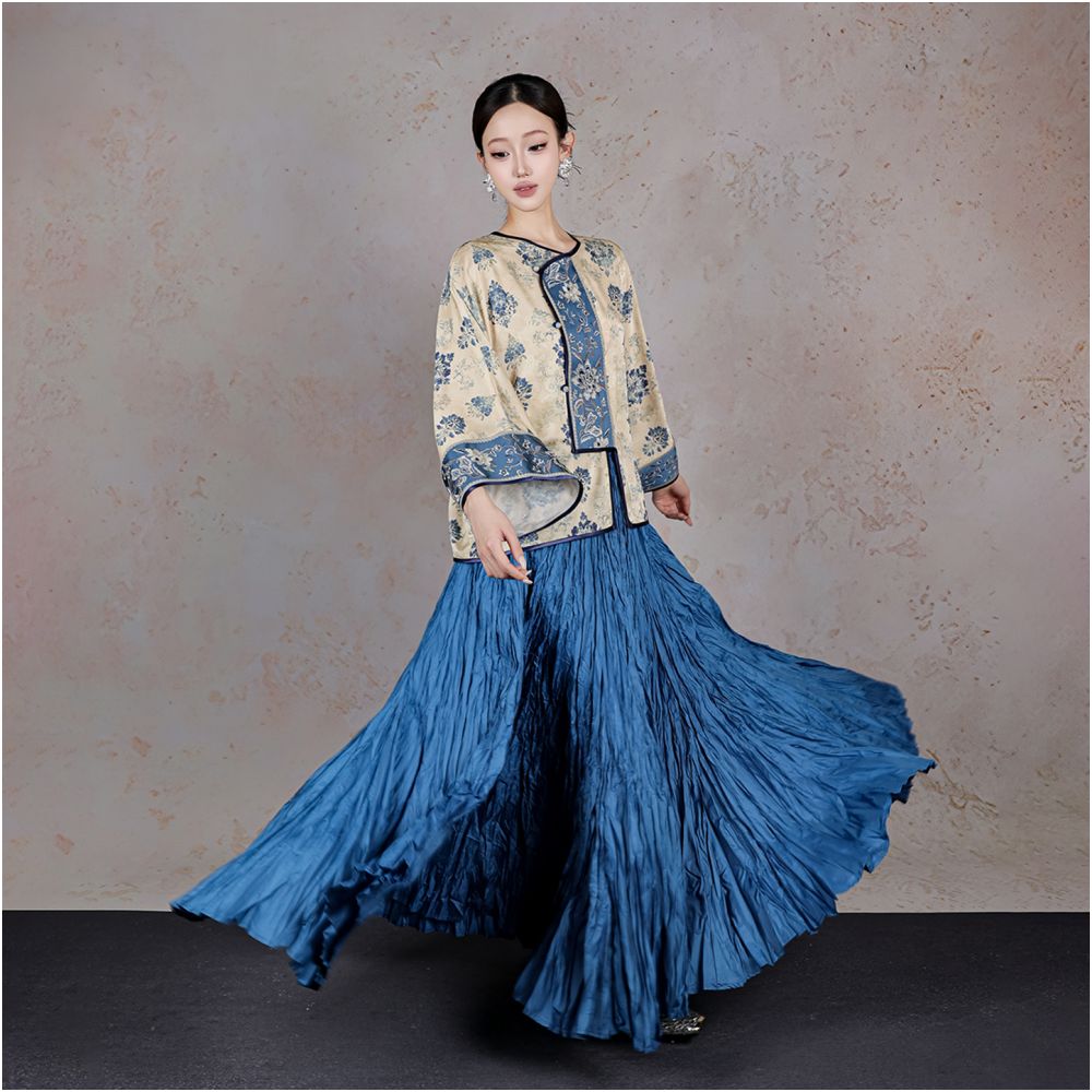 BYLU Fu Lan Gui New Chinese style contrast color stitching embroidery top satin jacquard loose long sleeved shirt image 2