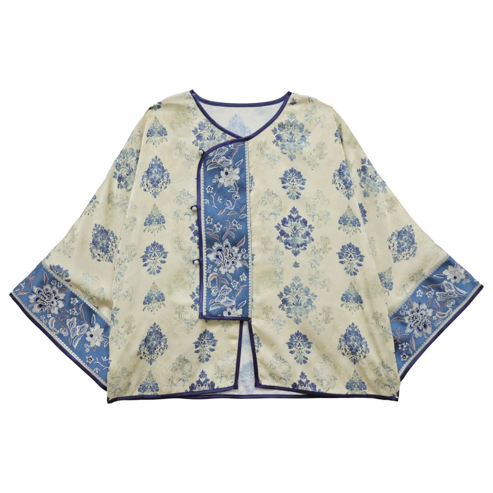 BYLU Fu Lan Gui New Chinese style contrast color stitching embroidery top satin jacquard loose long sleeved shirt image 5