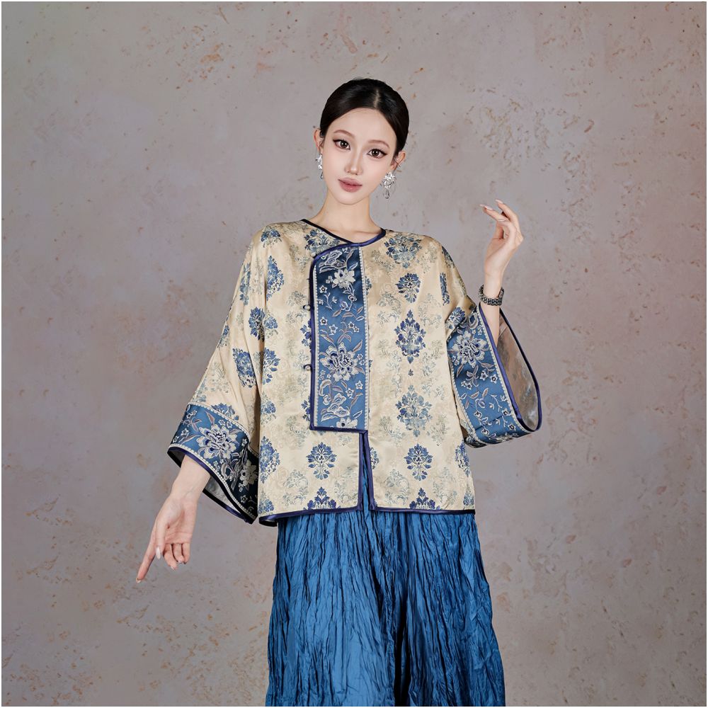 BYLU Fu Lan Gui New Chinese style contrast color stitching embroidery top satin jacquard loose long sleeved shirt image 0