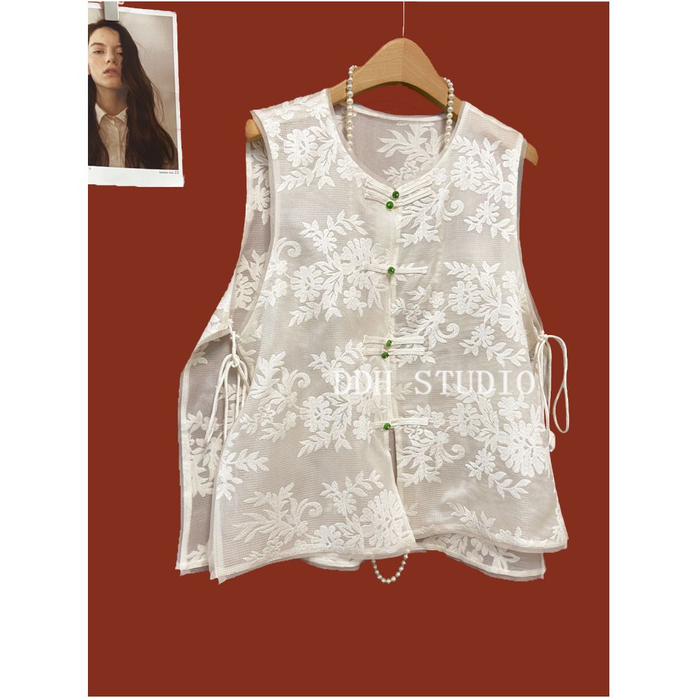 New Chinese style silk organza jacquard loose vest improved design lace up buttoned waistcoat top image 5