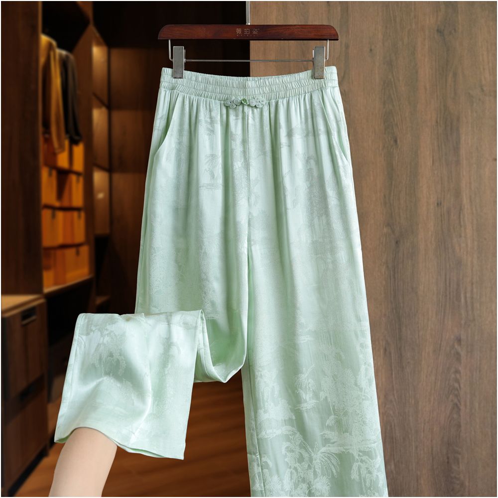 Retro jacquard new Chinese style loose straight leg pants with buckle women s new commuting style slim and floor hugging high waisted casual wide leg pants image 12