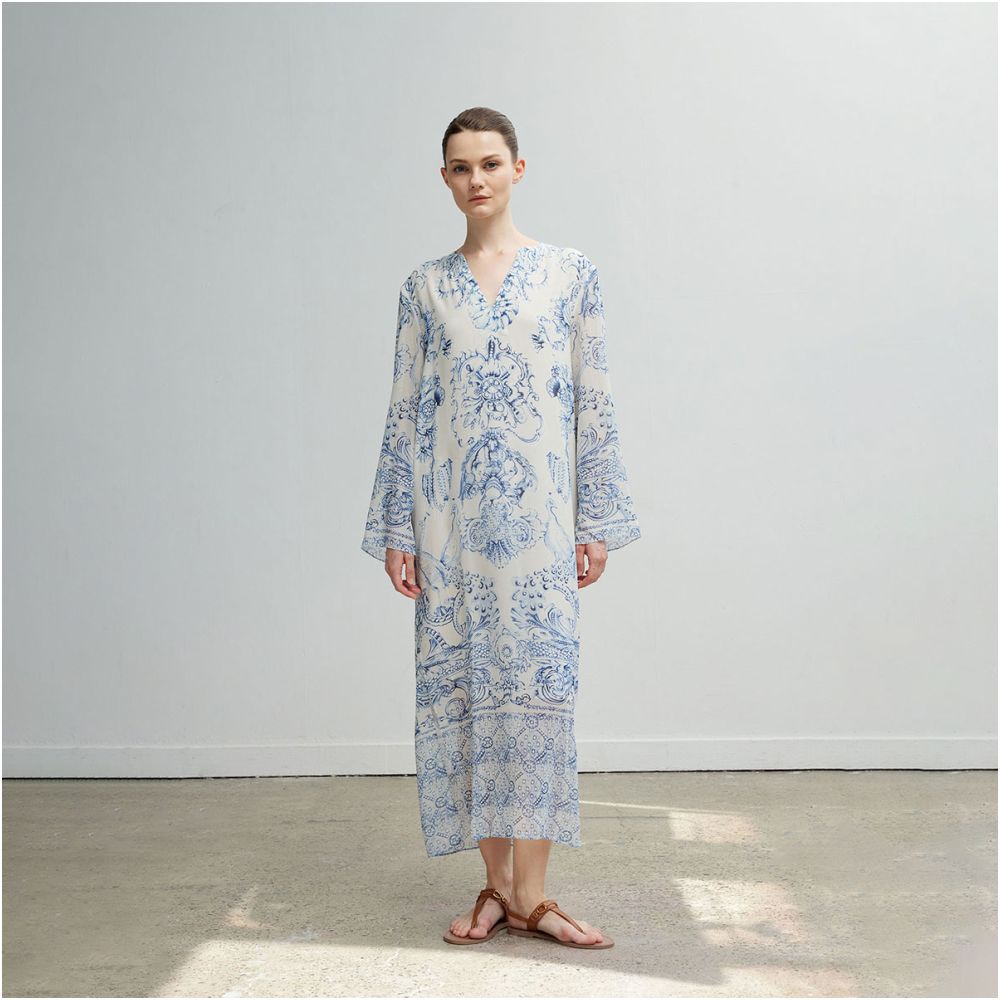 QIQIFUR Blue and White Porcelain Silk Dress Women s Early Autumn Chinese Style New Chinese Long Sleeve Mulberry Silk Printed Long Skirt image 7
