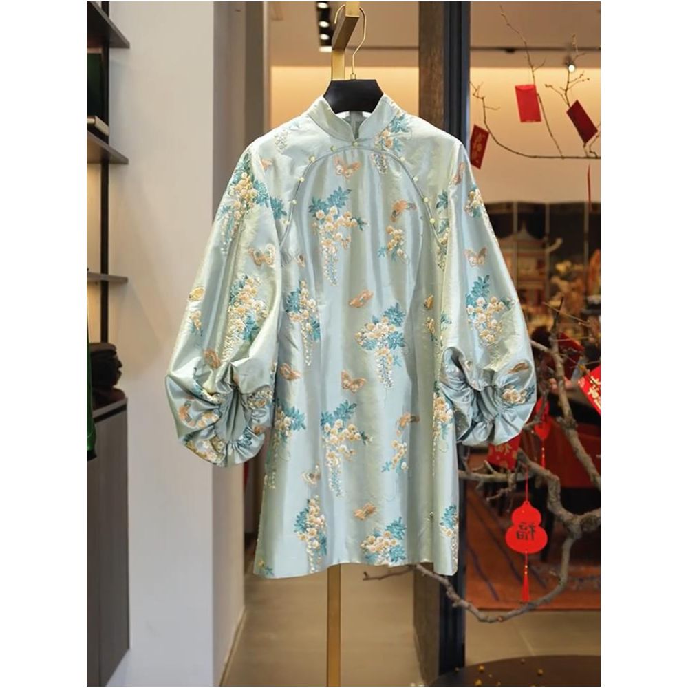 2025 Spring New Chinese Style Three quarter Sleeve Midi Skirt Women s Chic Jacquard Skirt Dress image 1