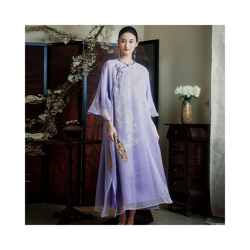 Moyu Lanzhi Chinese style 100 silk round neck plus size artistic qipao new Chinese elegant dress summer image 7