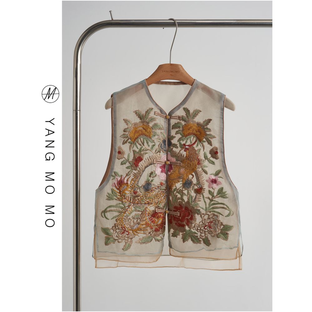 New Chinese style heavy embroidery round collar button thin waistcoat vest wide leg pants suit 2025 summer new women s clothing image 11