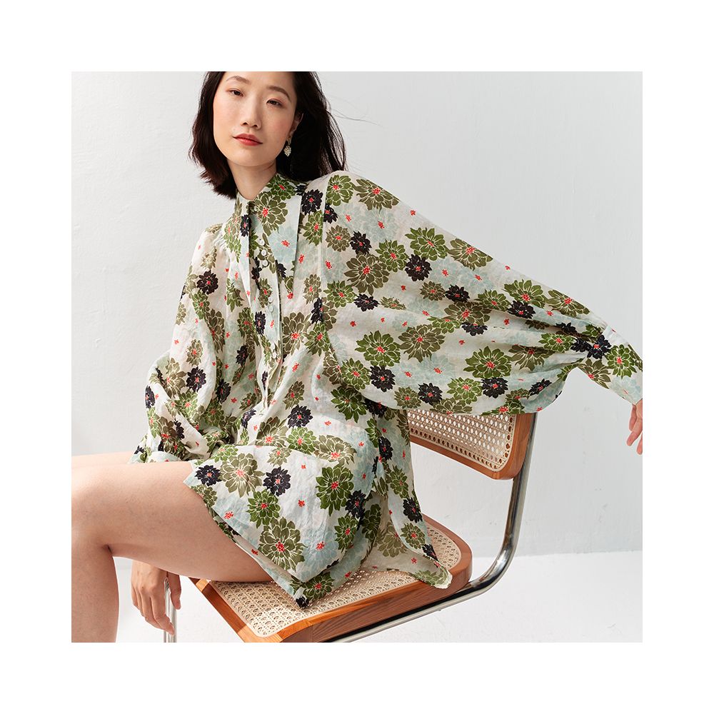 OPOF Women s Loose Shorts Set with Ramie Shirt Artistic and Printed Design Large Lantern Sleeves 2024 Spring and Summer New image 2