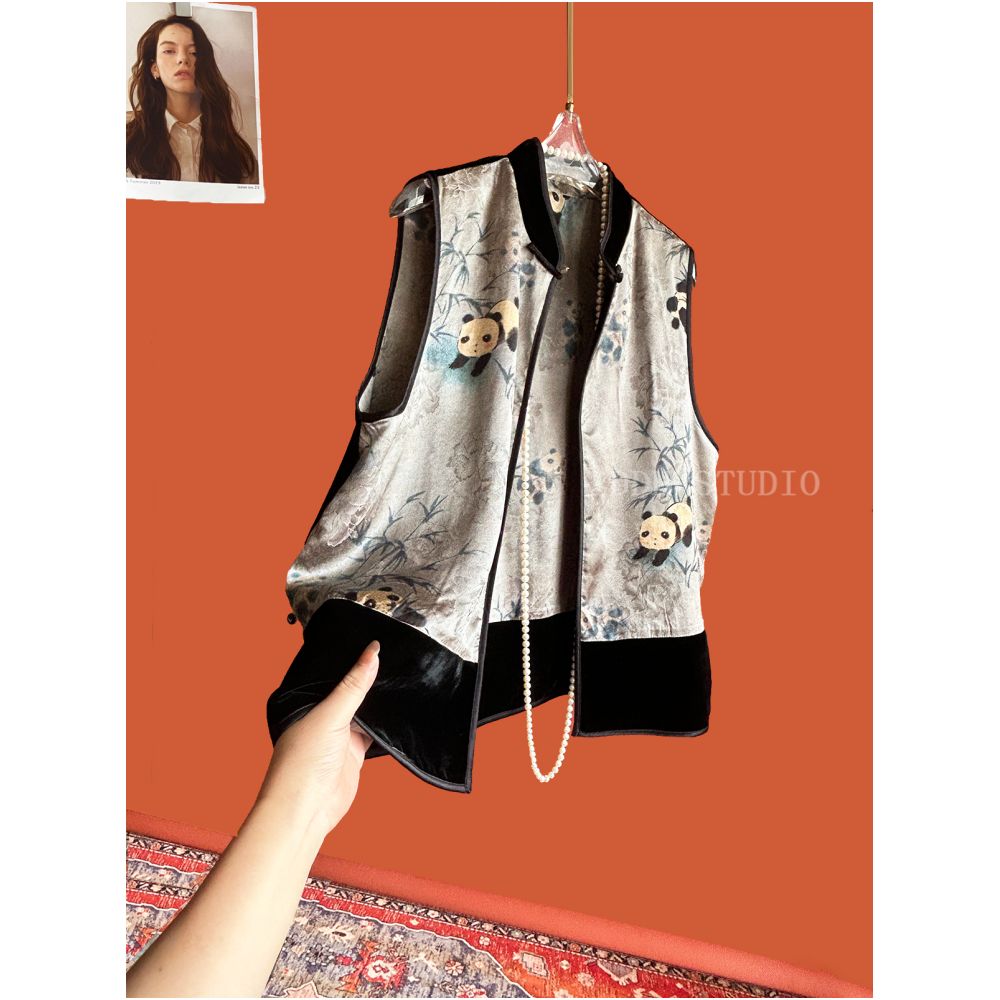 New Chinese style double sided wearing real velvet patchwork retro contrasting jacquard vest early autumn new top image 3