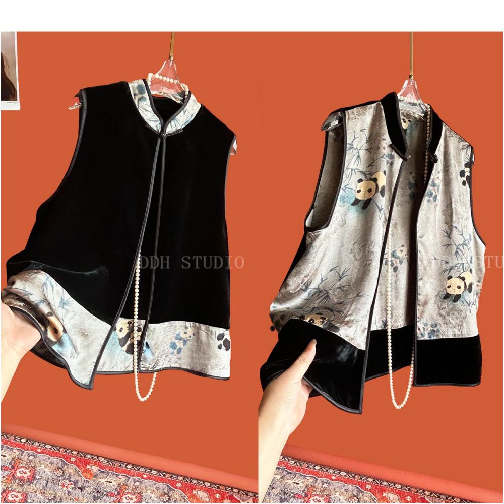 New Chinese style double sided wearing real velvet patchwork retro contrasting jacquard vest early autumn new top image 5