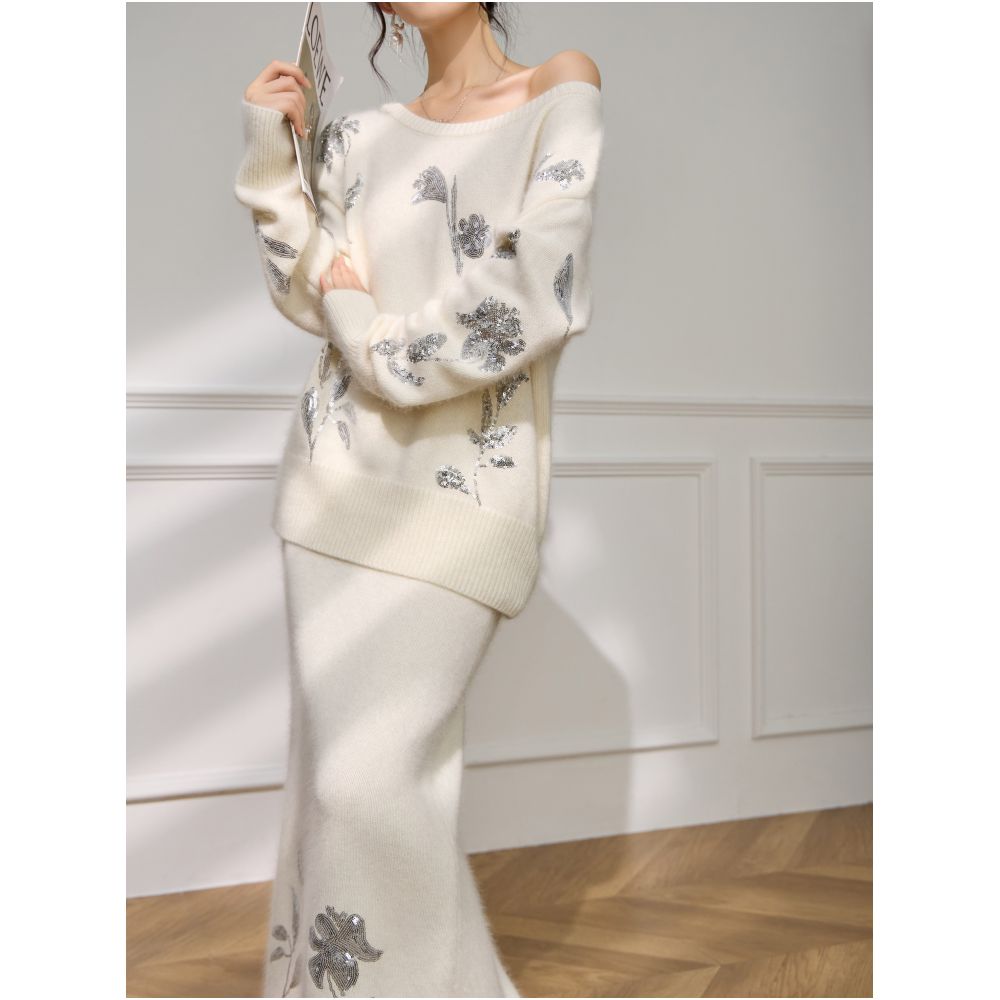 Plum Jan Early Autumn French Style Elegant Glitter Embroidered Sweater Knitwear Half Skirt Luxury Set for Women image 12