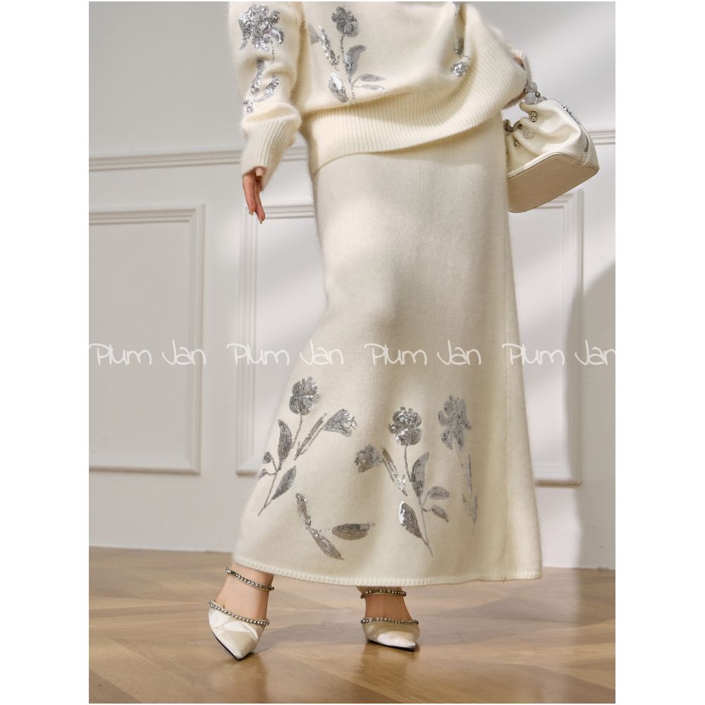 Plum Jan Early Autumn French Style Elegant Glitter Embroidered Sweater Knitwear Half Skirt Luxury Set for Women image 17