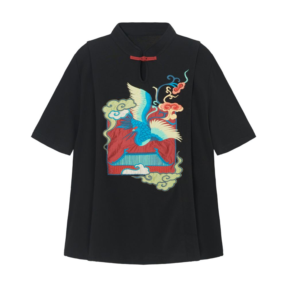 Su Luo s original Auspicious Crane Painting Cranes Dancing in the Golden Palace Xia Xin Chinese style buttoned stand up collar top with Chinese style embroidery T shirt image 10