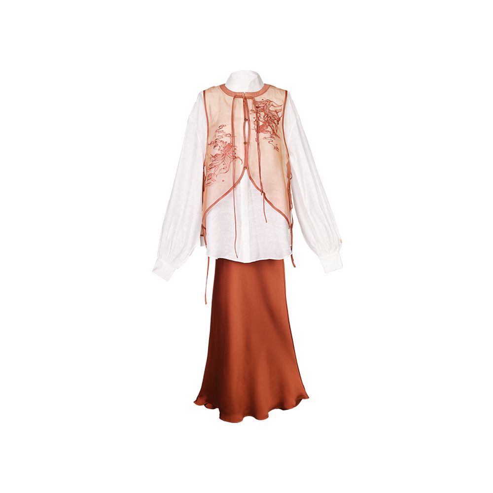 Dream Dream Carp National Style Original Innovation Chinese Embroidery Chinese Style Vest Stand up Collar Shirt Orange Red Slant Cut Fish Tail Skirt Autumn image 12