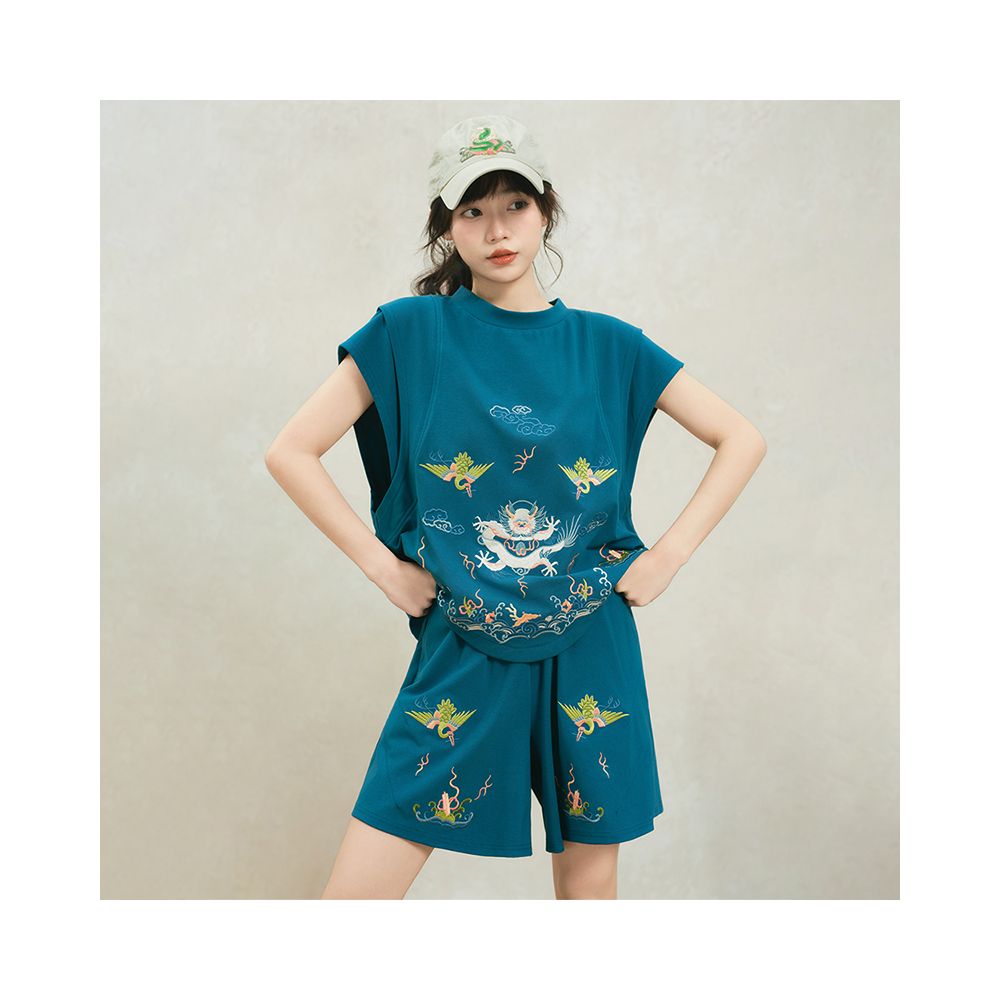 Original by Su Luo SOLO White Dragon Summer China Chic Embroidery Loose Top Casual Shorts Sportsuit image 0