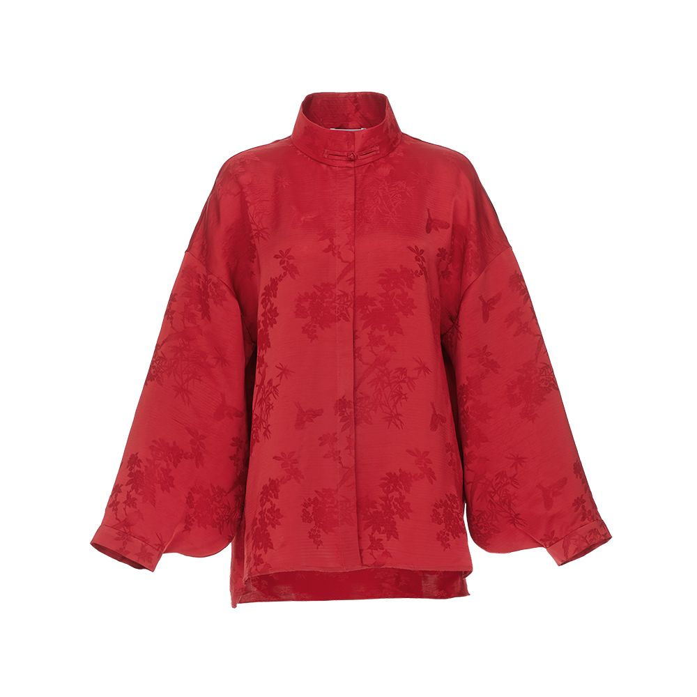 ASAYA5053 – Crimson Serenity Jacquard Blouse ❤️🔥🌿