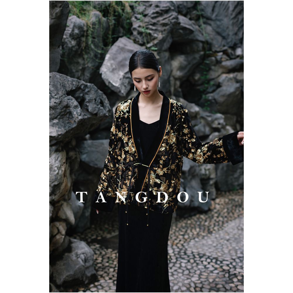 Tang Dou Gao Ding Gilded Flower Shadow New Chinese style Burnt Flower Embroidered Bead Cardigan National Style Mulberry Silk Old Money Style Coat for Women image 1