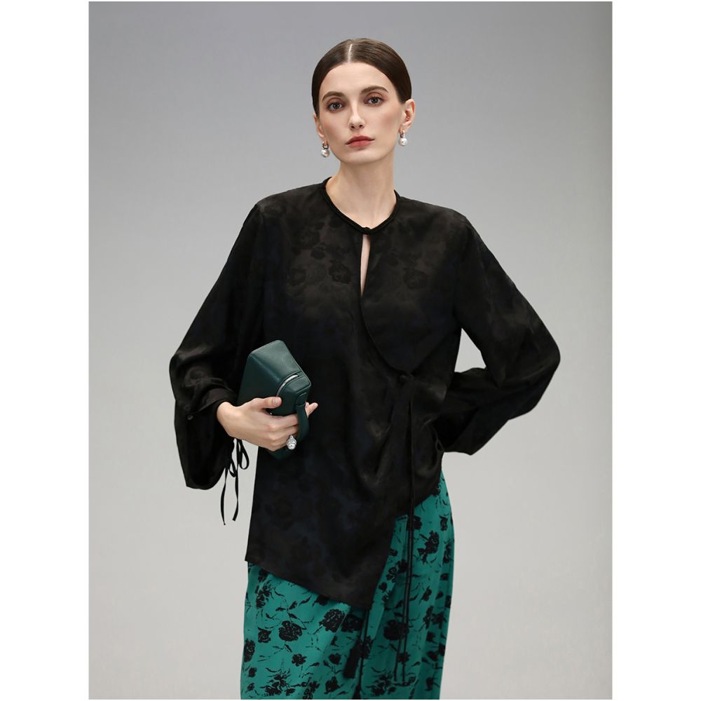 COCOBELLA New Chinese Dark Pattern Jacquard Satin Shirt with Side placket and Buckle Top SR3061B 3 image 9