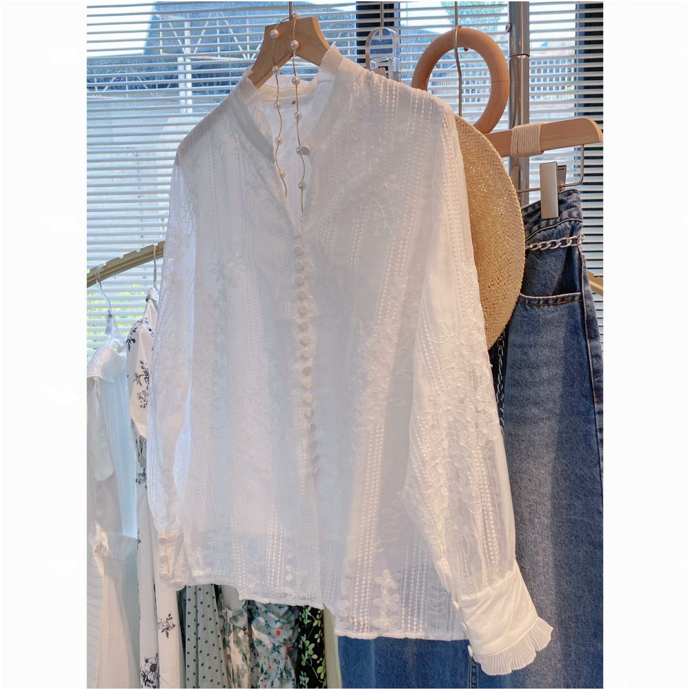 French style white lace shirt new summer 2025 style long sleeved shirt youthful design elegant style for women image 9