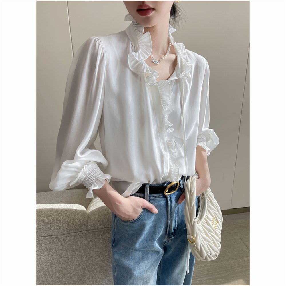 PINKEEN White Lace Long Sleeve Shirt for Women Autumn 2025 New Arrival High End Simple Elegant and Stylish Shirt image 8