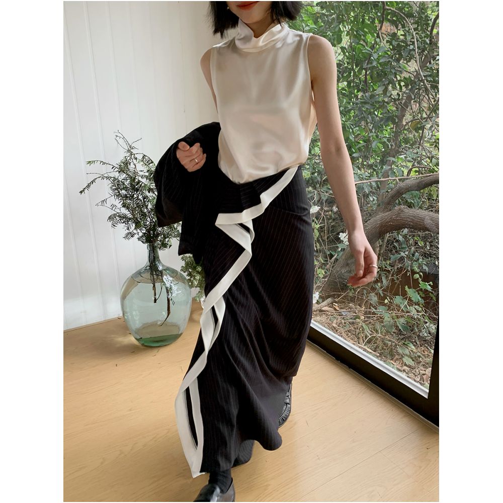 MUALLYCHEN outstanding posture runway striped wool suit long skirt agile ruffle edge wrapped hip skirt image 7