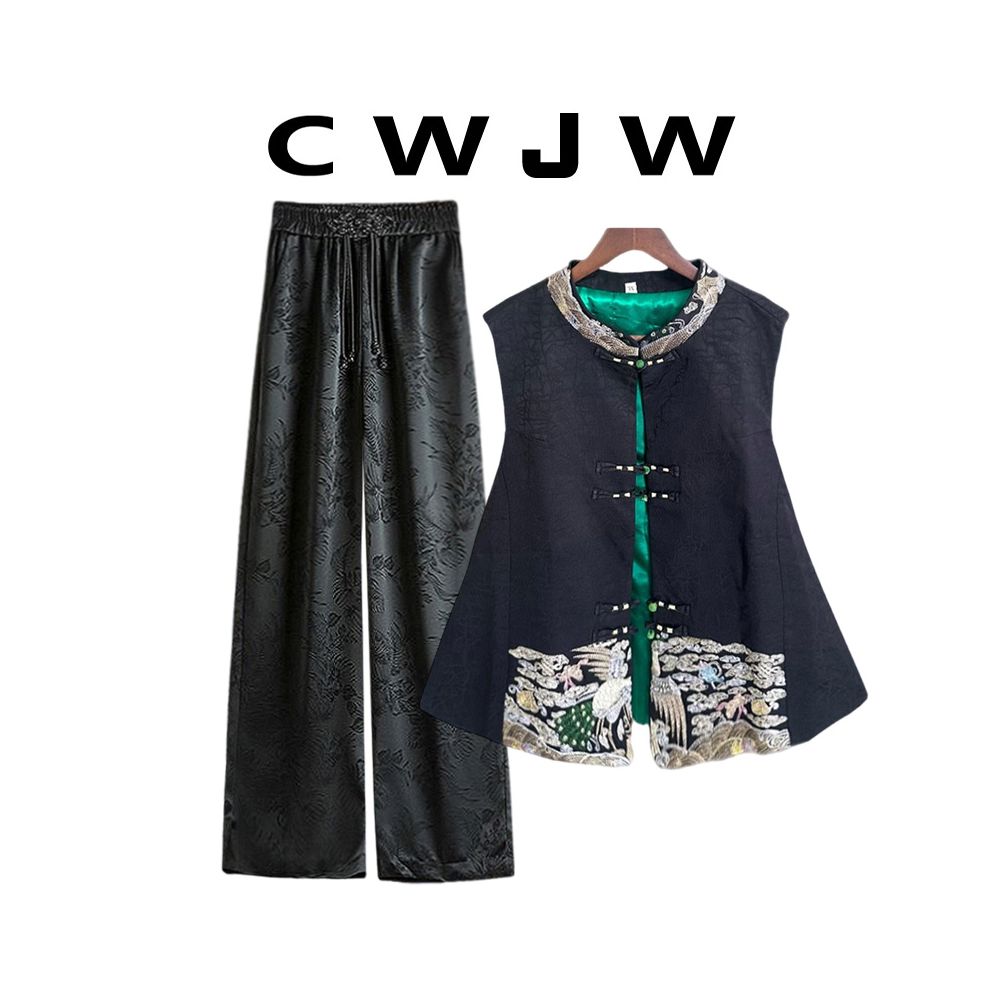 Spot two piece women s loose autumn and winter Chinese style cracked vest new Chinese style hanging wide leg pants set image 14