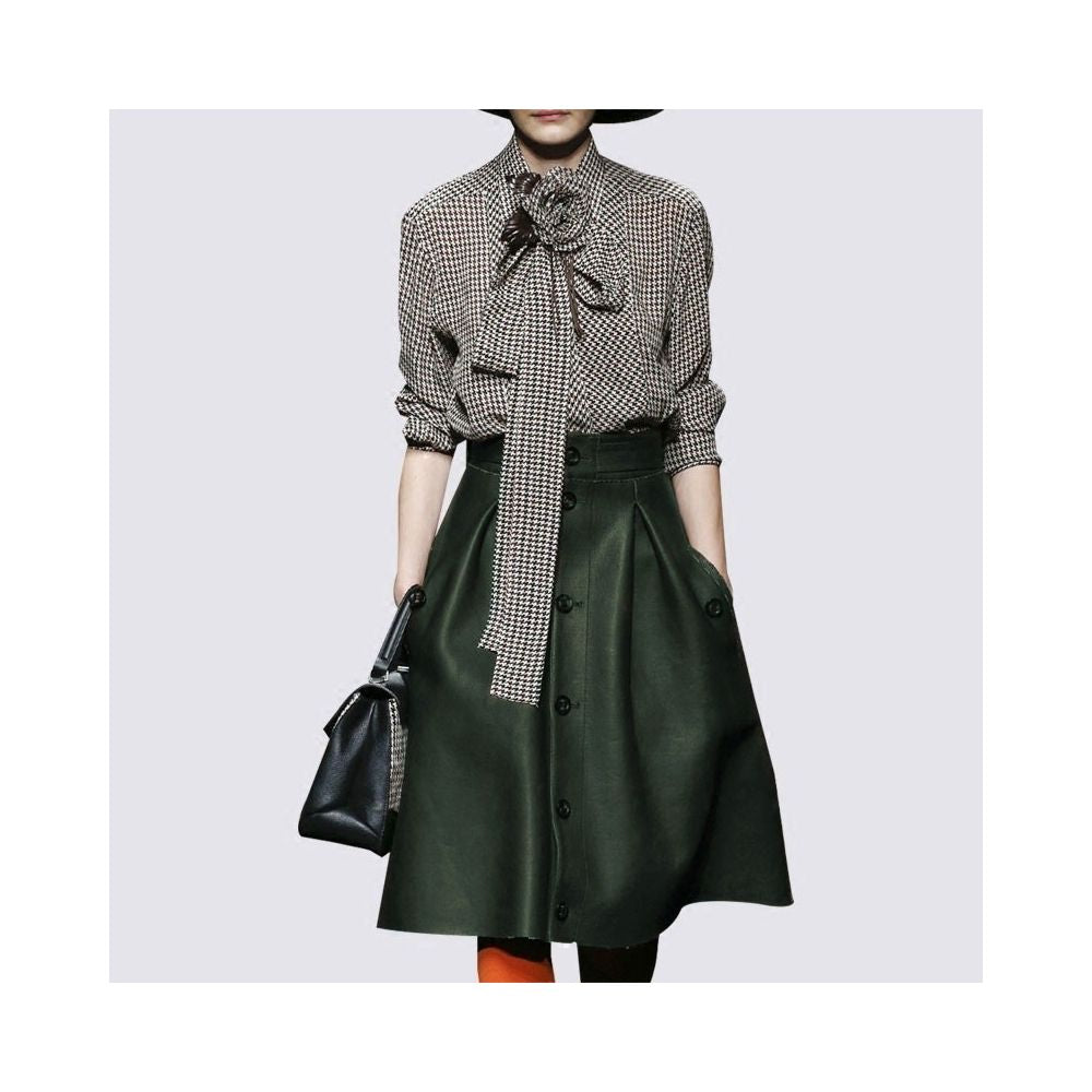 Fashion Set New Women s Bow Thousand Bird Checkered Shirt Women s Long Sleeve Shirt European Top Leather Skirt Two Piece Set image 19