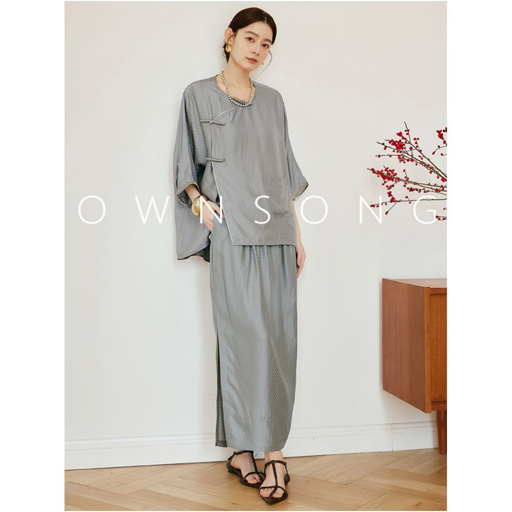 OWNSONG Mulberry Silk Jacquard New Chinese Style Set Loose Lantern Sleeve Top Split Half Skirt Two Piece Set for Women image 4