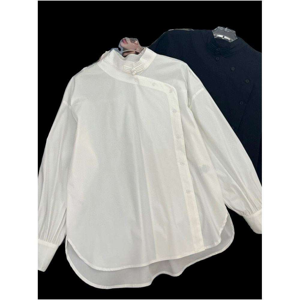 You re going crazy wearing such good clothes Crazy slimming summer style new Chinese style white high end slanted collar button design shirt image 4