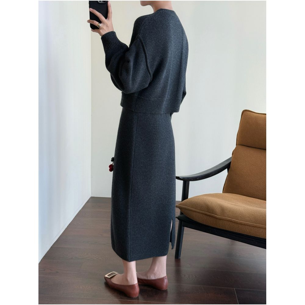 Wanger special Gray Grey 100 wool round neck long sleeved knitted cardigan high waisted long skirt two piece set image 4