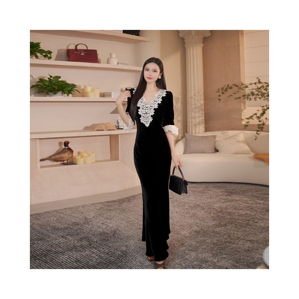 French temperament high end and beautiful lace black silk velvet dress women s 2025 autumn new dress long skirt image 5