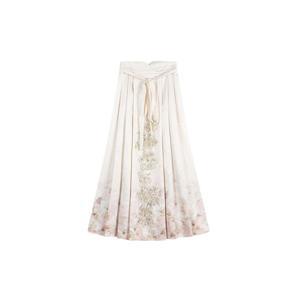 Wuyan Yihe Xueyuan New Chinese Soft Yarn Embroidered Top Jacquard Embroidered Bead Horse Face Skirt Set image 5